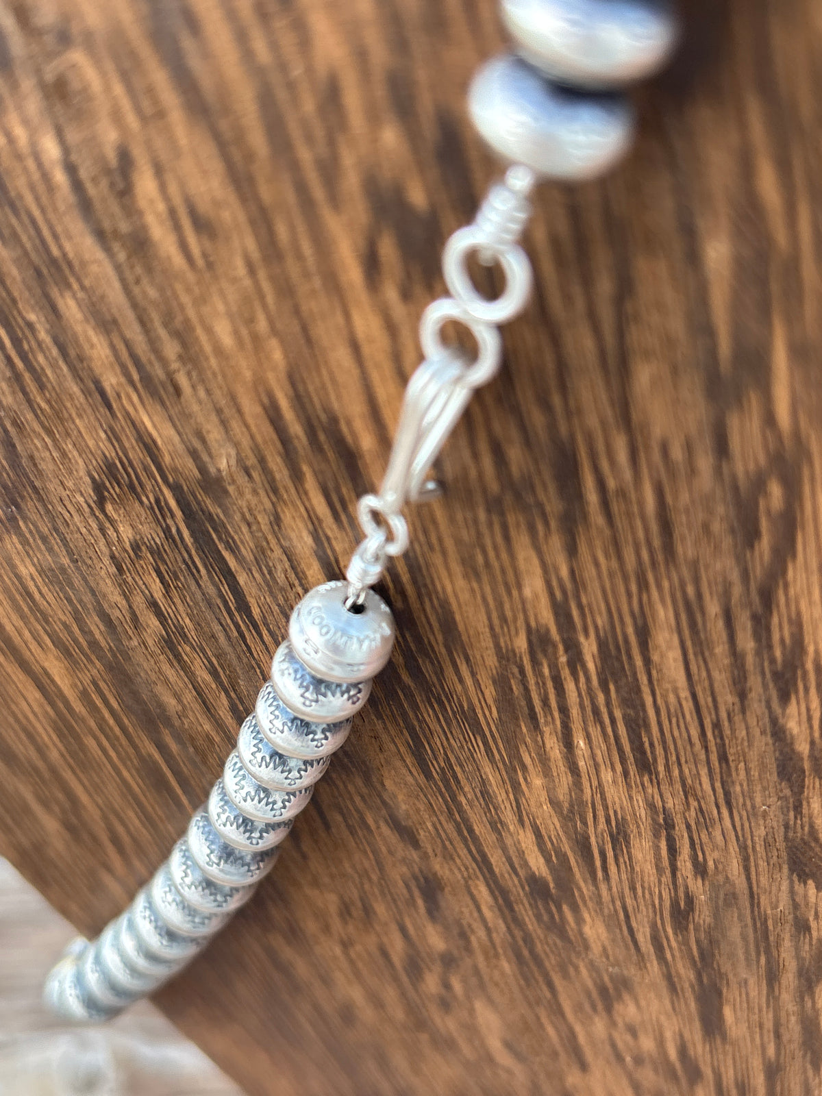 18" graduated, stamped sterling silver Navajo pearls made by Bryannen Halwood cps18t3np