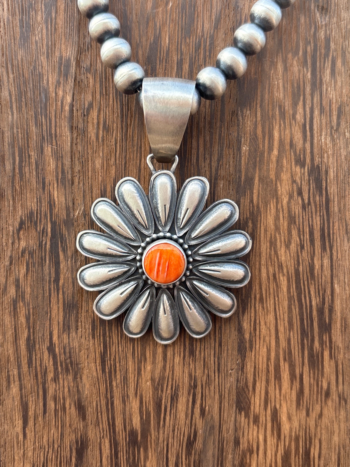 Daniel Benally Orange Spiny & Sterling Silver Pendant  001ss