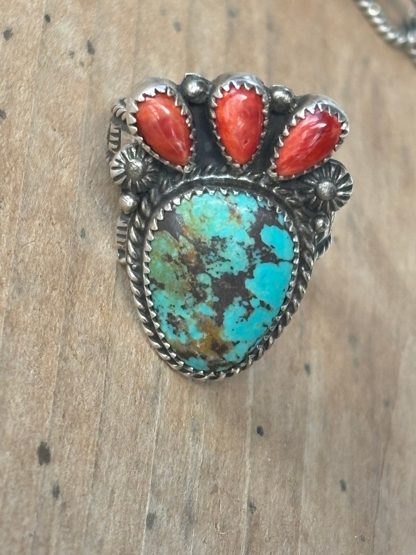 Calvin Nelson Turquoise & Spiny Oyster Prickly Pear Blossom Necklace, Ring and Post Earring Set C1