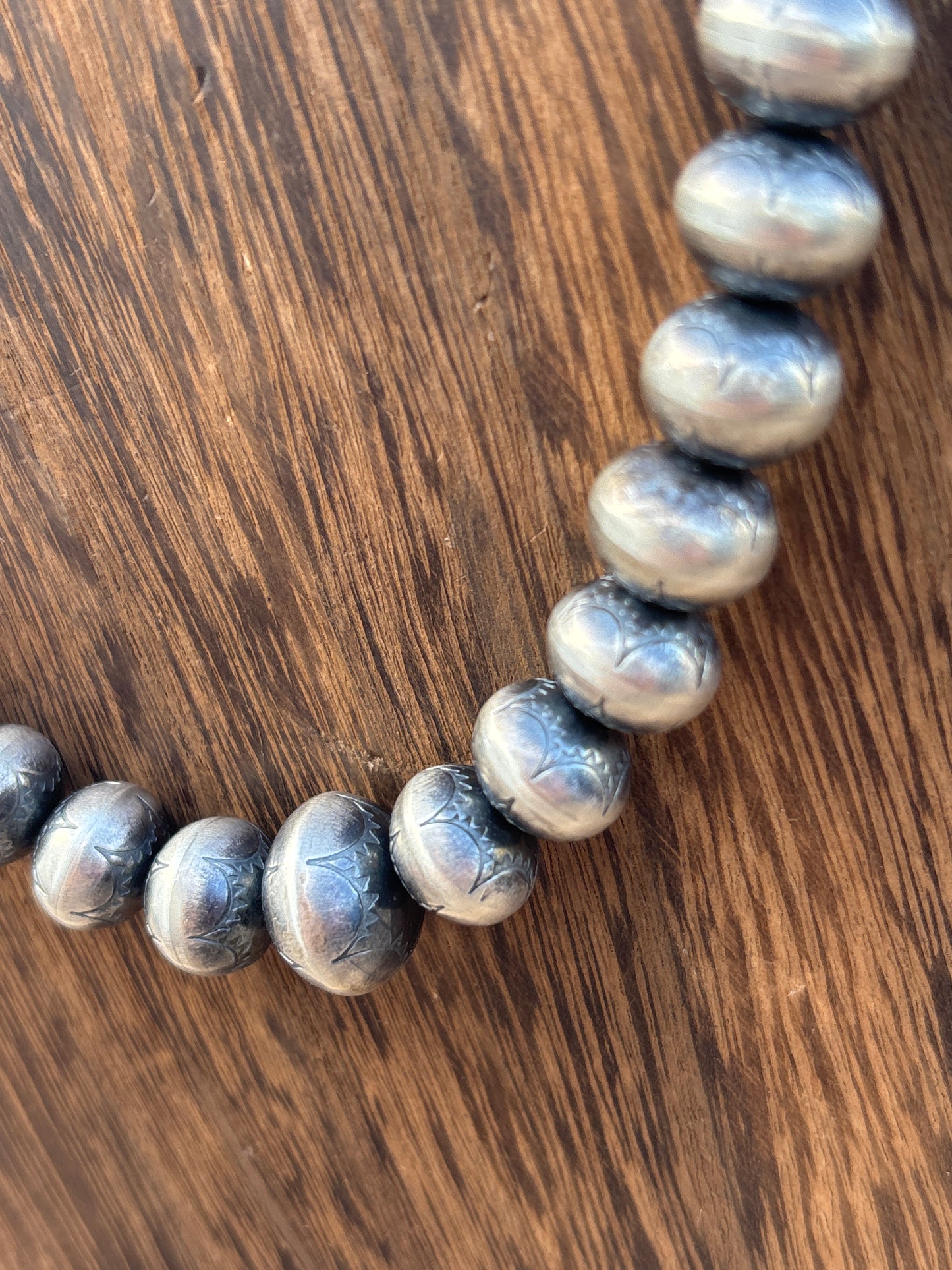 18" graduated, stamped sterling silver Navajo pearls made by Bryannen Halwood cps18t2np