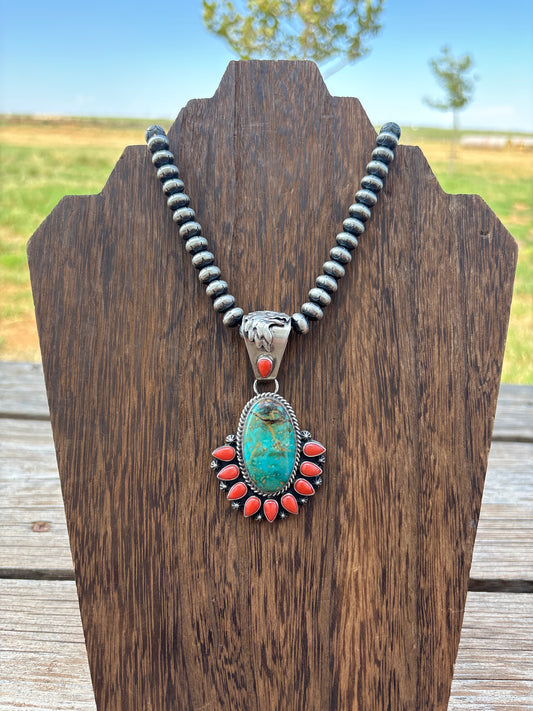 Turquoise, Coral  & Sterling Silver Pendant By Raymond Delgarito 495rb