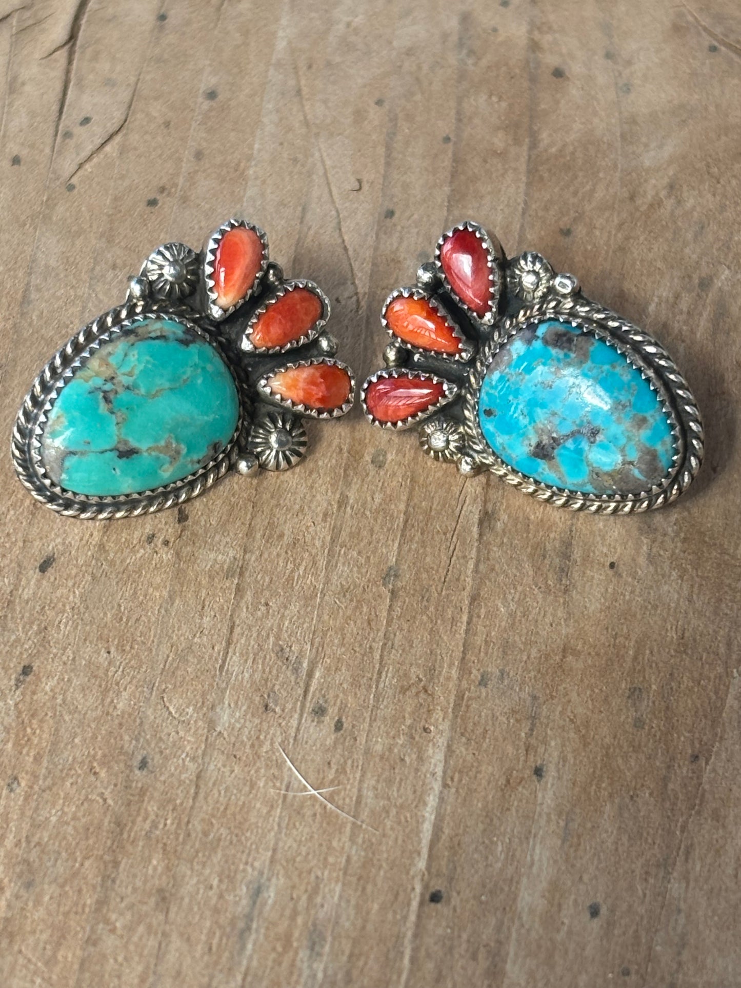 Calvin Nelson Turquoise & Spiny Oyster Prickly Pear Blossom Necklace, Ring and Post Earring Set C1