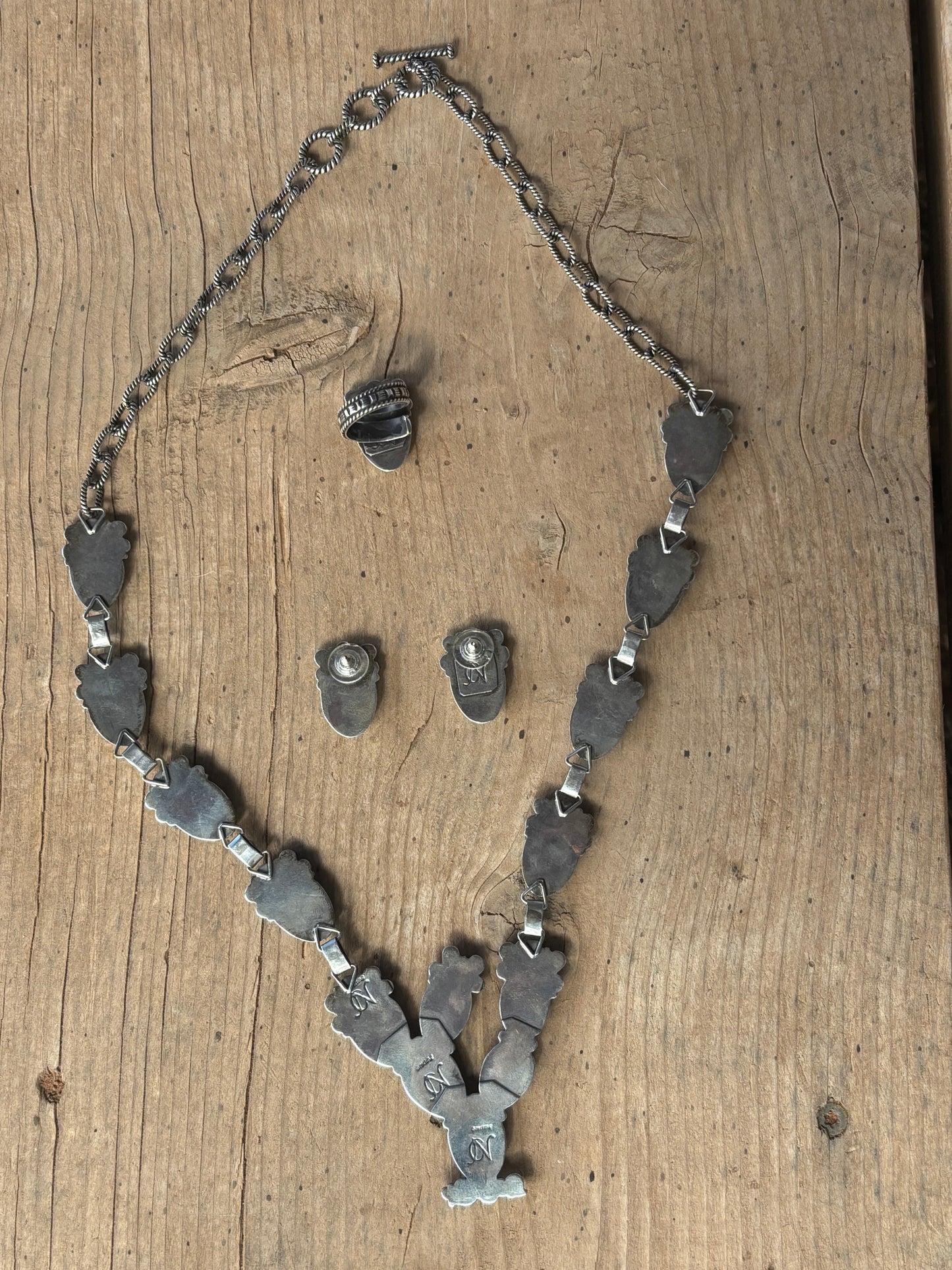 Calvin Nelson Turquoise & Spiny Oyster Prickly Pear Blossom Necklace, Ring and Post Earring Set C1