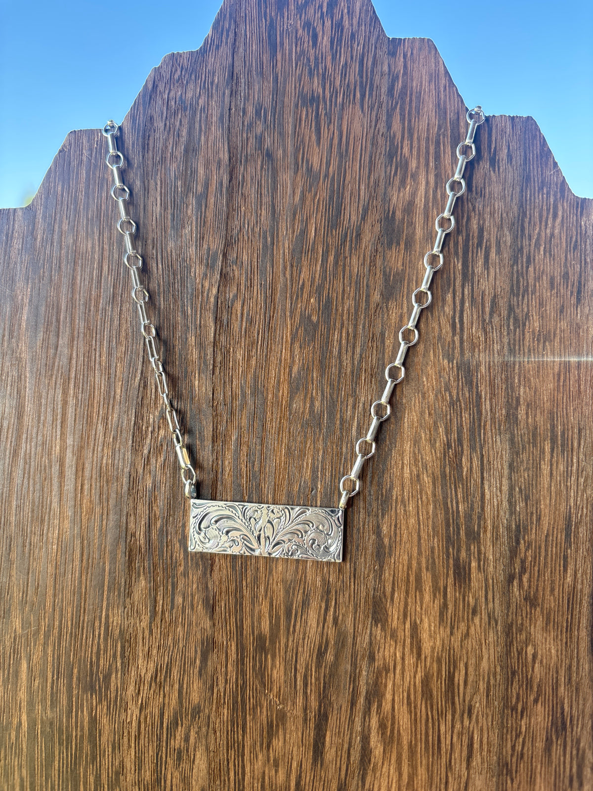 Arlene Lewis Engraved Silver Bar necklace w/ Handmade Chain 704RB