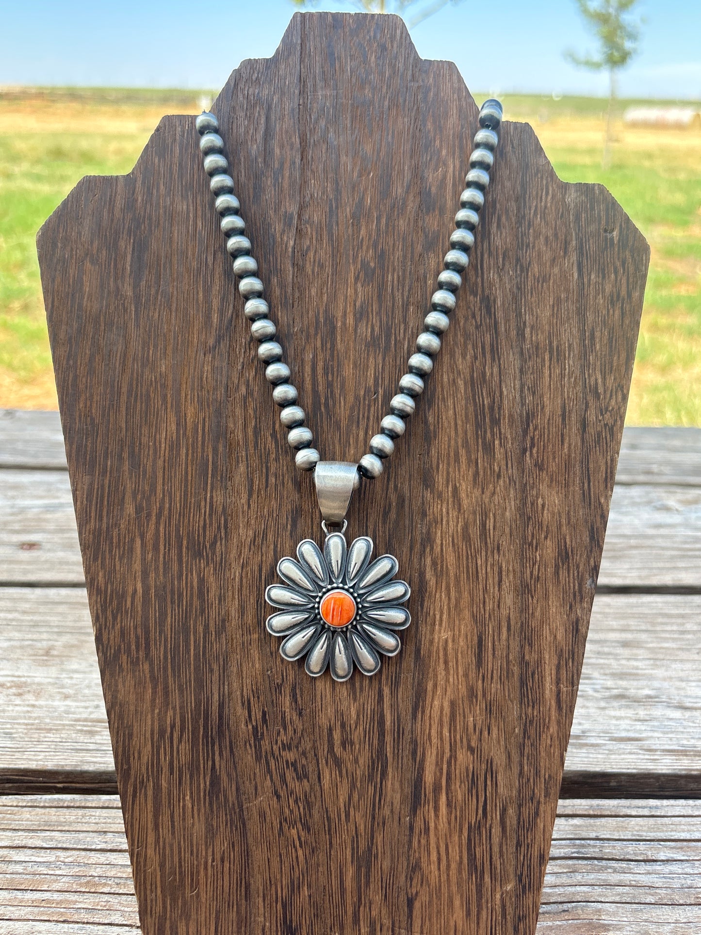 Daniel Benally Orange Spiny & Sterling Silver Pendant  001ss