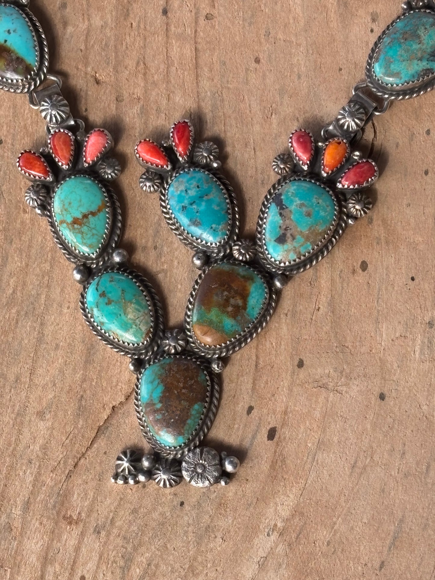 Calvin Nelson Turquoise & Spiny Oyster Prickly Pear Blossom Necklace, Ring and Post Earring Set C1