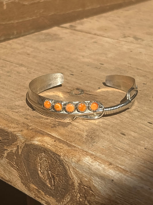 Aaron Davis Sterling Silver Feather Cuff w/ Orange Spiny 921orb
