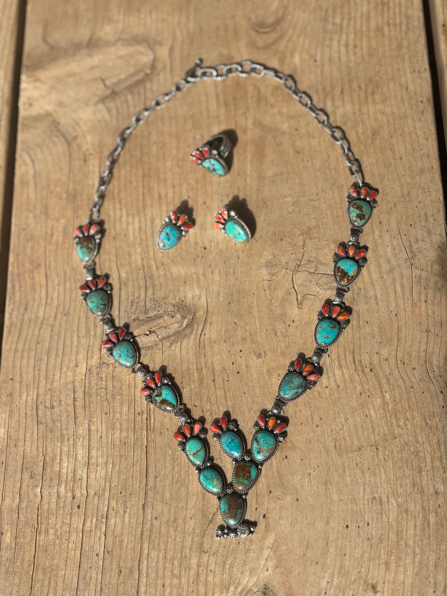 Calvin Nelson Turquoise & Spiny Oyster Prickly Pear Blossom Necklace, Ring and Post Earring Set C1