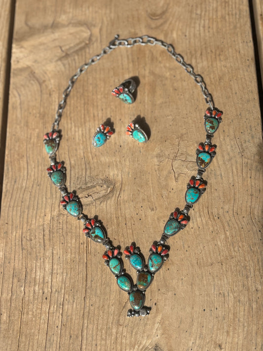 Calvin Nelson Turquoise & Spiny Oyster Prickly Pear Blossom Necklace, Ring and Post Earring Set C1