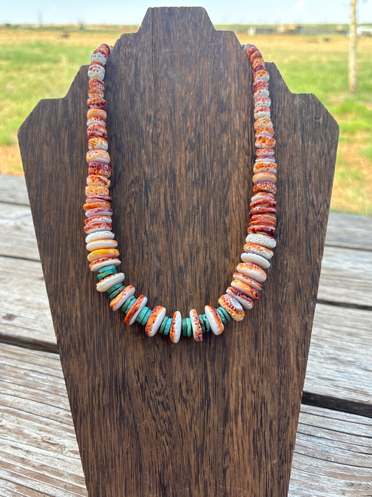 Graduated Spiny Oyster & Turquoise Necklace 002rb