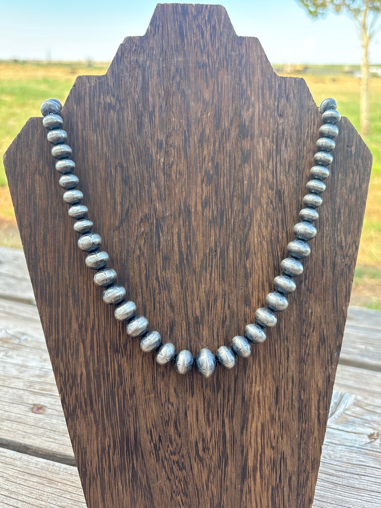 18" graduated, stamped sterling silver Navajo pearls made by Bryannen Halwood cps18t2np