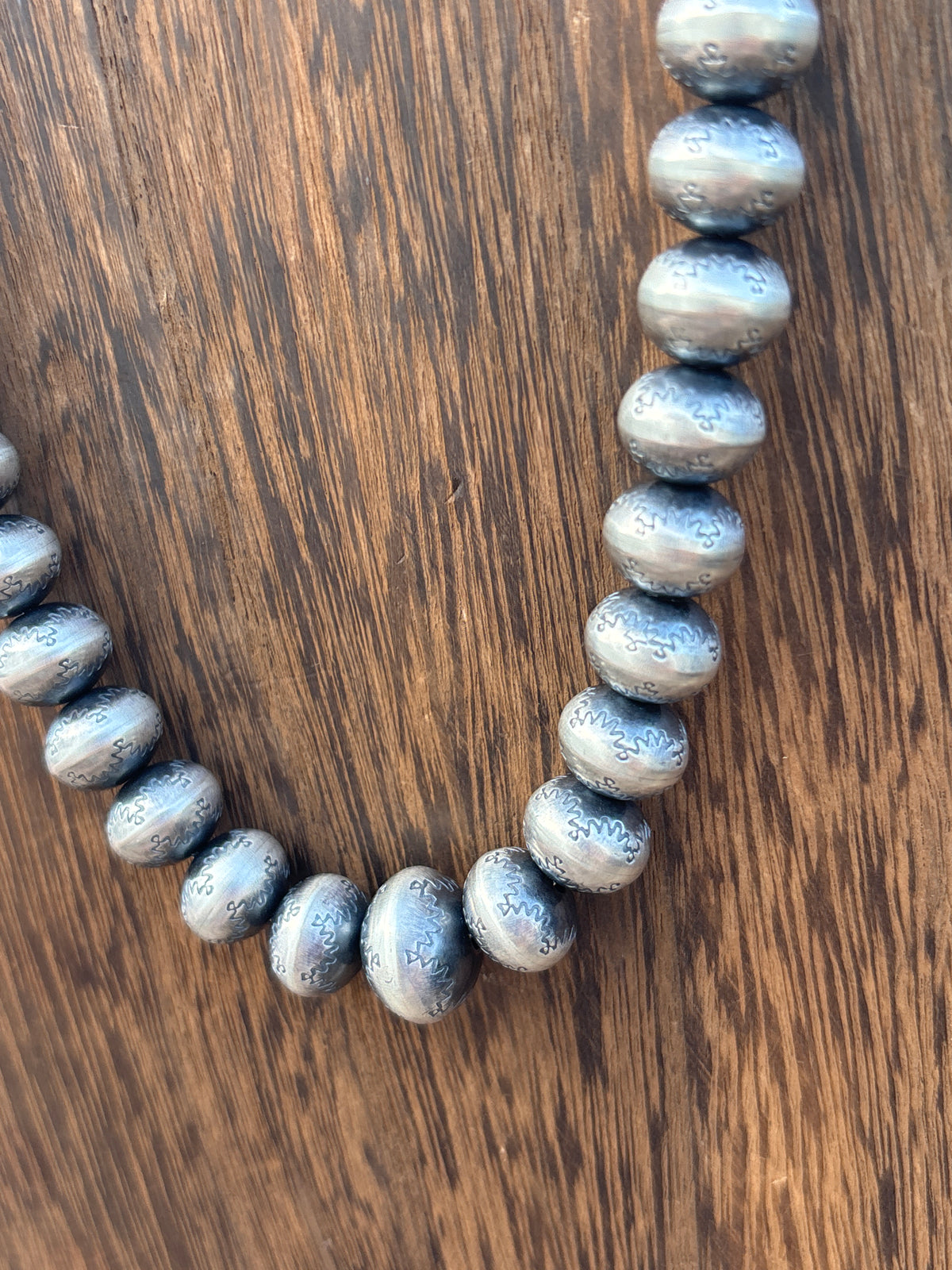 18" graduated, stamped sterling silver Navajo pearls made by Bryannen Halwood cps18t3np